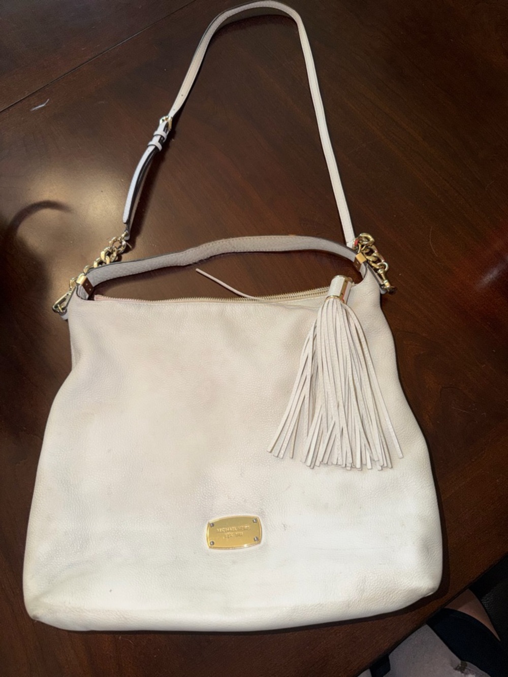 Michael Kors Cream Leather Shoulder Bag with Tassel Accent